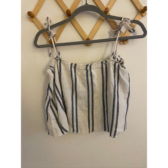 Mango Top Women's 4 White Vertical Lines Crop 100% Cotton Tie Strap Casual Tank - Picture 2 of 6